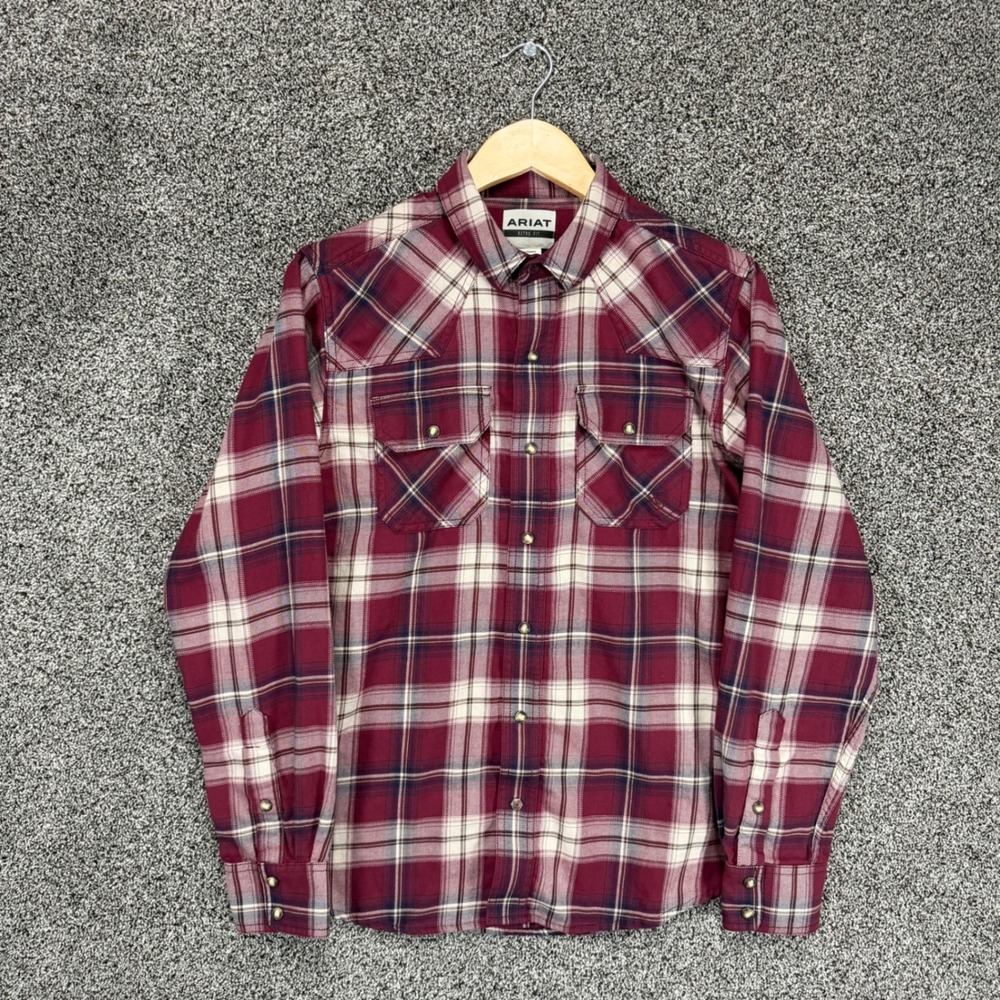 Ariat Harlee Retro Fit‎ Shirt Mens S Red Plaid Cotton Pearl Snap Western Cowboy
